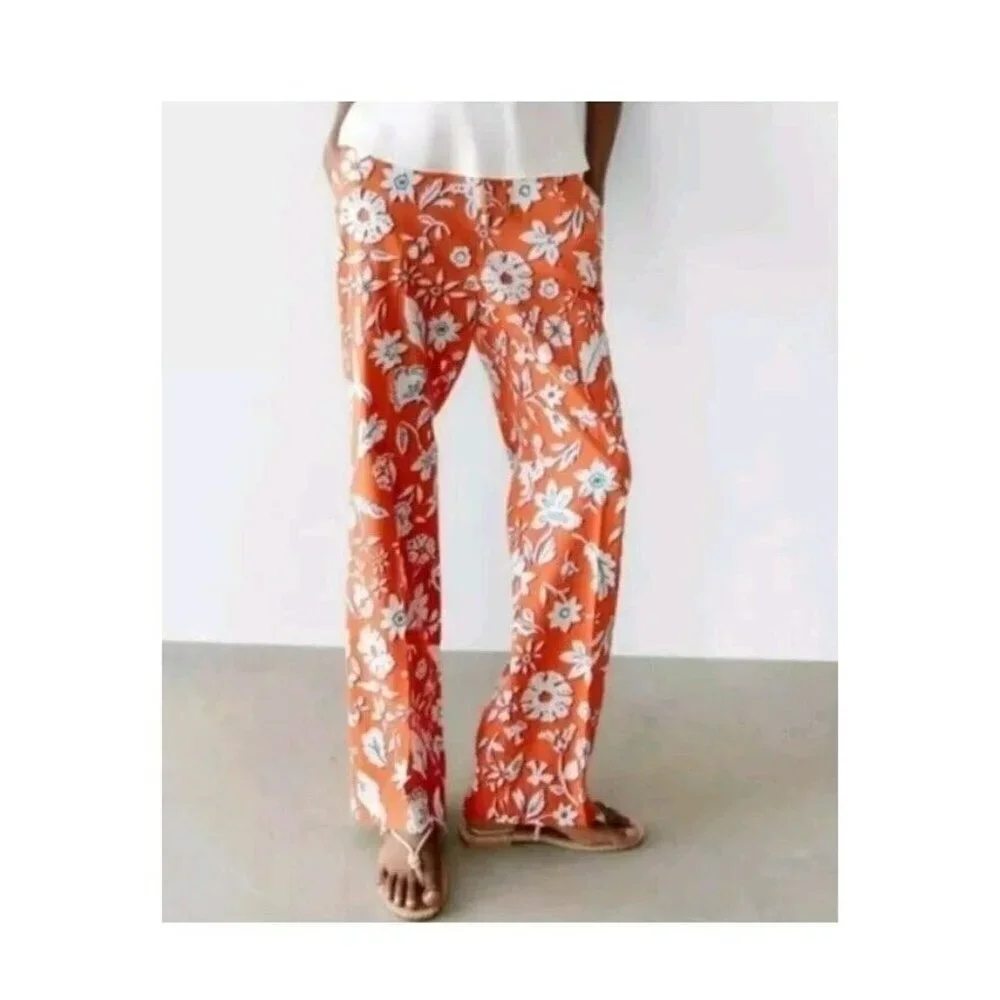 ZARA Orange Red Floral Linen Blend Casual Pull On Trouser Pants Size XS 3203 789